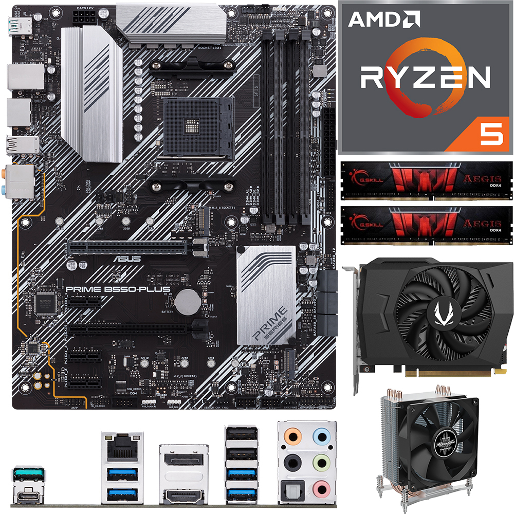 Aufrüstkit AMD Ryzen 5 5500 (6x 3,6GHz) + 16GB RAM + ASUS Prime B550-Plus Mainboard + Zotac GeForce RTX 3050 6GB Grafikkarte 